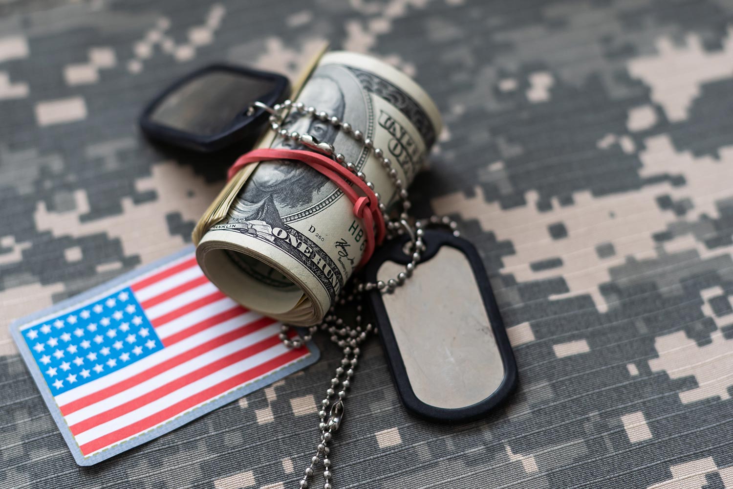 Featured image for Miliary Financial Advice, showing a bundle of dollar bills, military ID tags and a US army patch on camouflage background