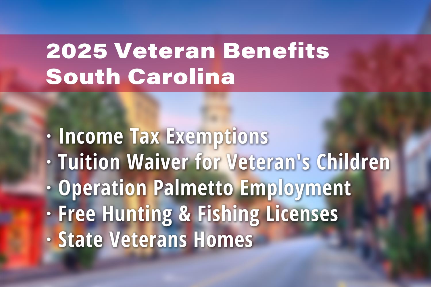 Featured image for South Carolina Veteran benefits: South Carolina Income Tax Exemption for Veterans, SC VA Tuition Waiver, Operation Palmetto Employment, South Carolina Hunting License for Veterans, South Carolina Fishing License for Veterans and State Veterans Homes